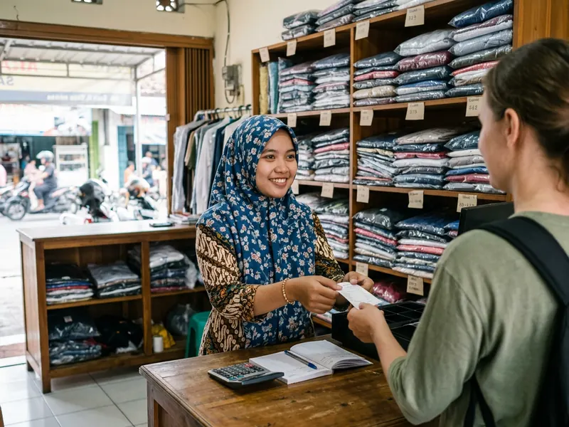 Pemilik usaha laundry tersenyum menyerahkan nota kepada pelanggan di meja depan.