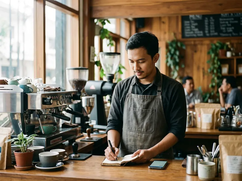 Pemilik kedai kopi mencatat di buku kecil di samping mesin espreso, ponsel di meja bar.