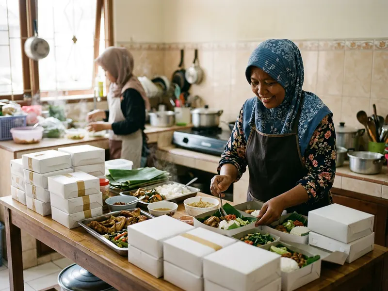 Pemilik usaha katering menata nasi kotak di dapur rumahnya.