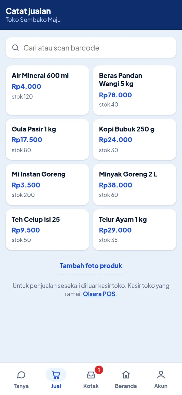 Tab Jual: daftar barang dengan harga dan stok, dua barang di keranjang, tombol Lanjut