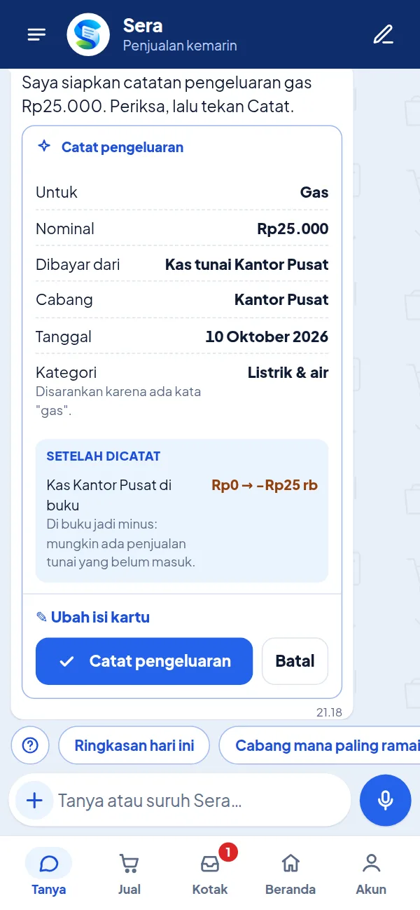 Kartu konfirmasi catat pengeluaran gas dari kas Kemang, dengan kas sebelum dan sesudah dicatat