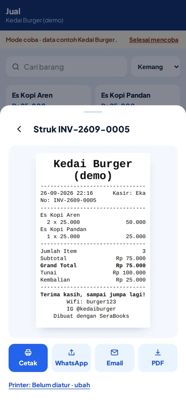 Struk hasil penjualan dengan total, tunai, kembalian, ucapan, Wi-Fi dan Instagram, beserta tombol Cetak, WhatsApp, Email, dan PDF